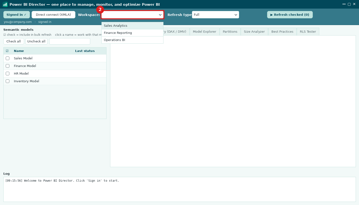 Step: the workspace dropdown with type-to-search