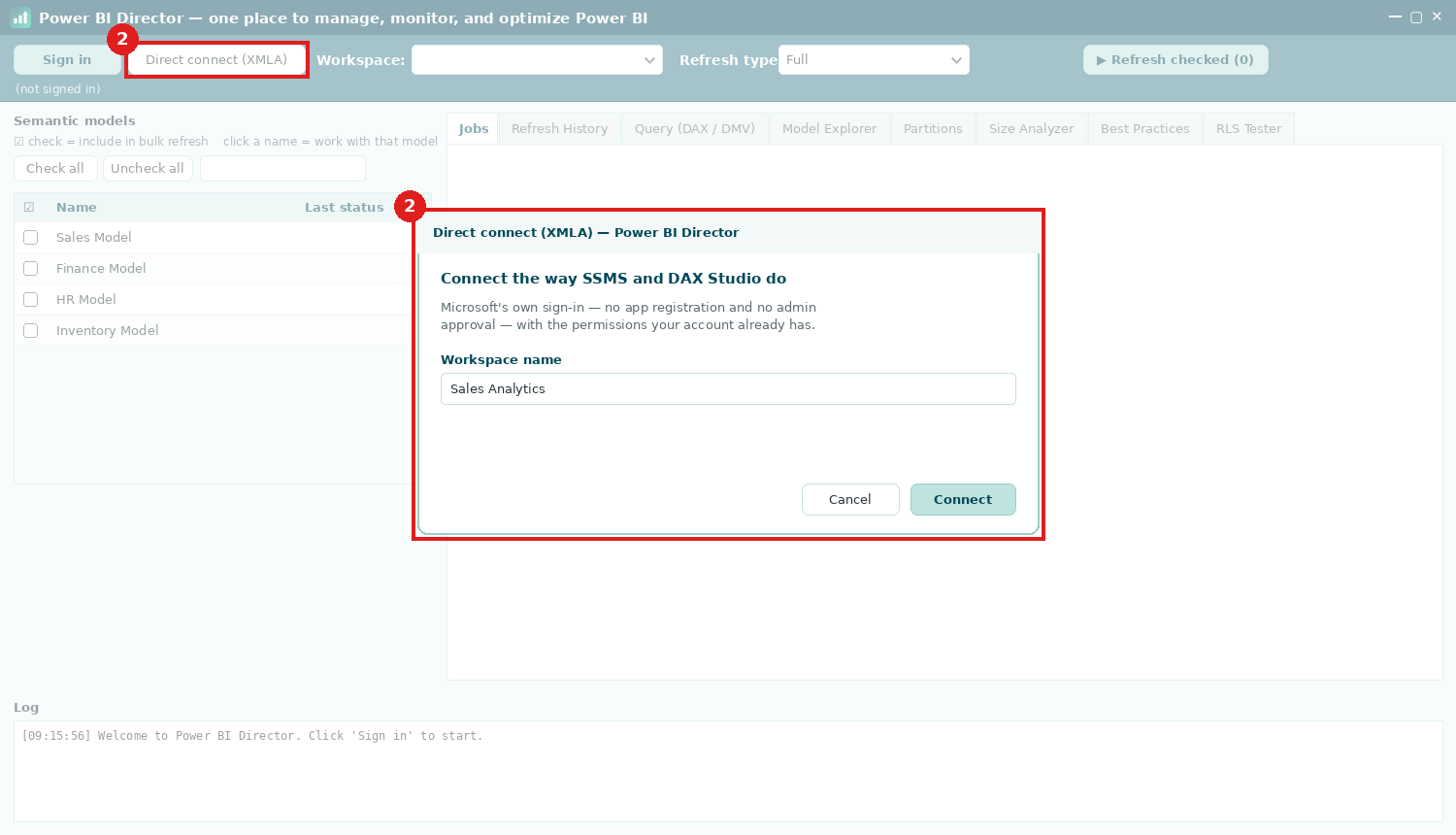 Step: the Direct connect dialog — type a workspace name, no app approval needed