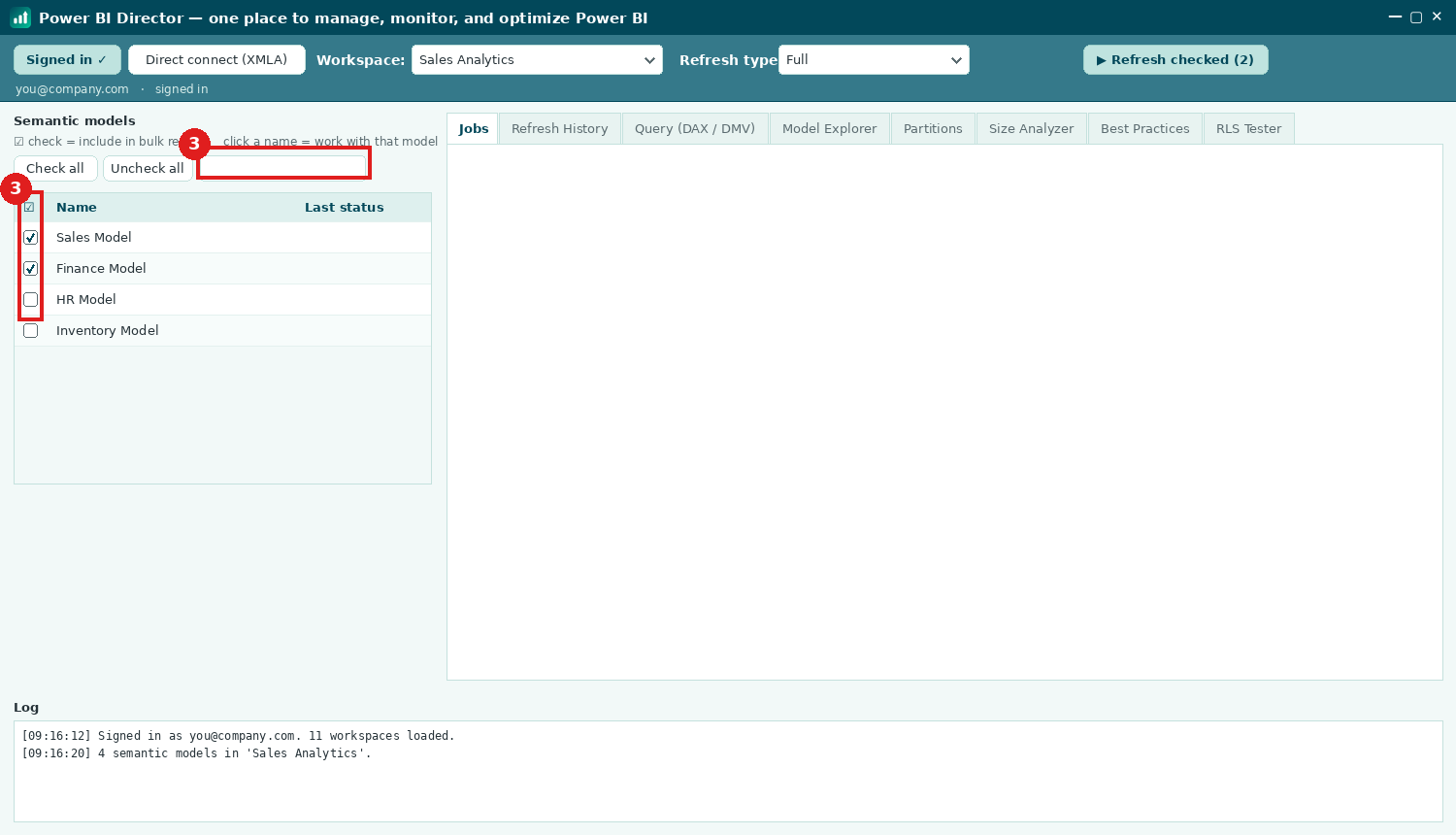 Step: checkboxes for bulk refresh and the filter box