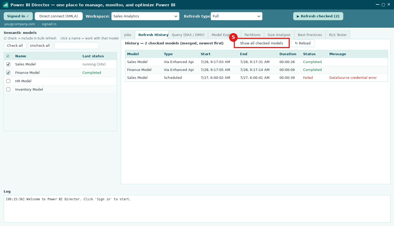 Step: merged refresh history across checked models