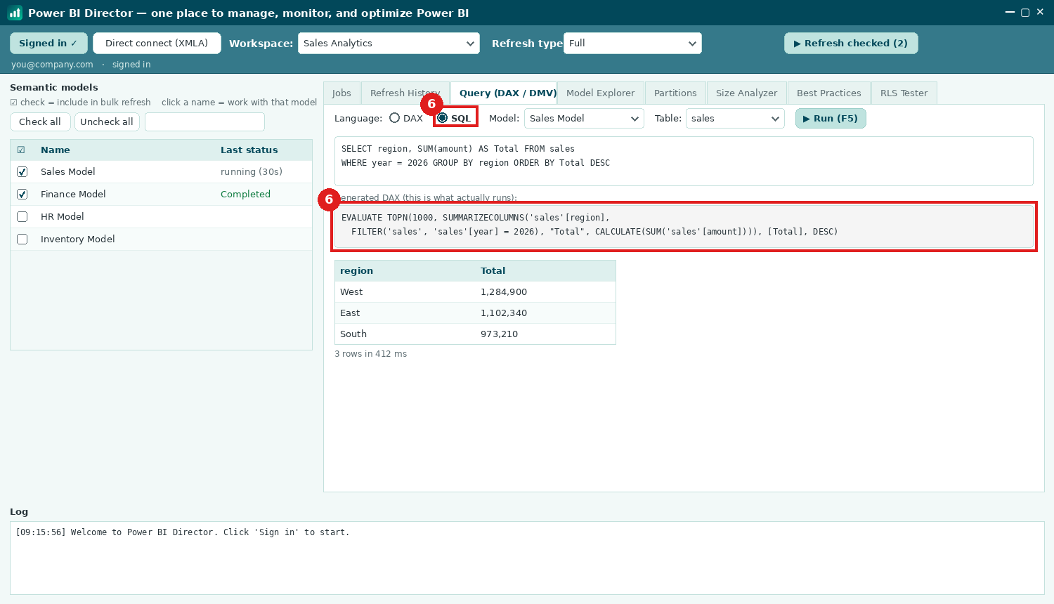 Step: SQL mode with live generated DAX and results