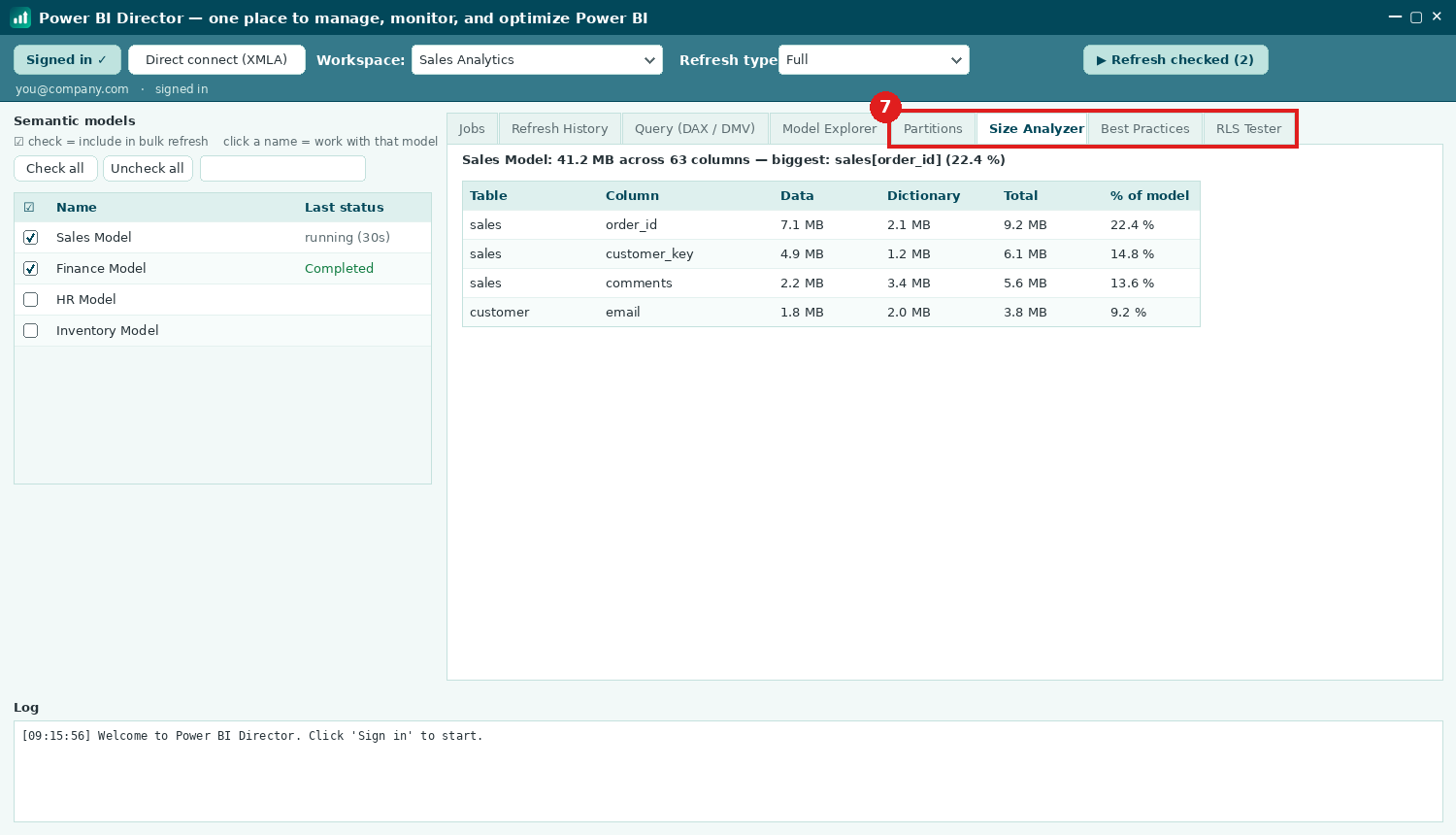 Step: the analyzer tabs, showing the Size Analyzer